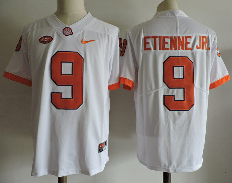 Clemson Tigers #9 Travis Etienne Jr College Football Jersey White 1 Clemson Tigers #9 Travis Etienne Jr College Football Jersey White