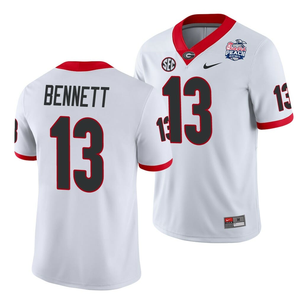 Georgia Bulldogs Bennett Jersey #13 2021 Peach Bowl White College Football 1 Georgia Bulldogs Bennett Jersey #13 2021 Peach Bowl White College Football