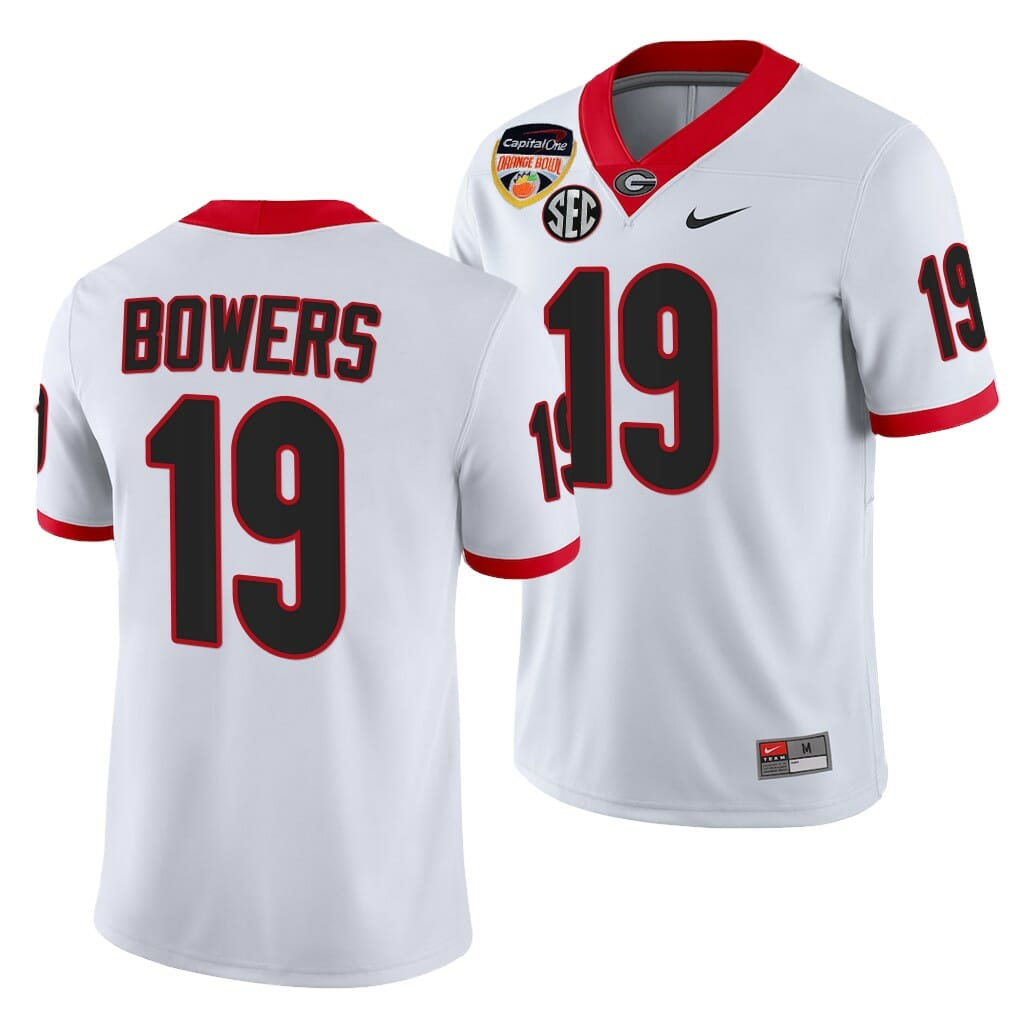 Georgia Bulldogs Bowers Jersey #19 2021 Orange Bowl White 100th Anniversary 1 Georgia Bulldogs Bowers Jersey #19 2021 Orange Bowl White 100th Anniversary