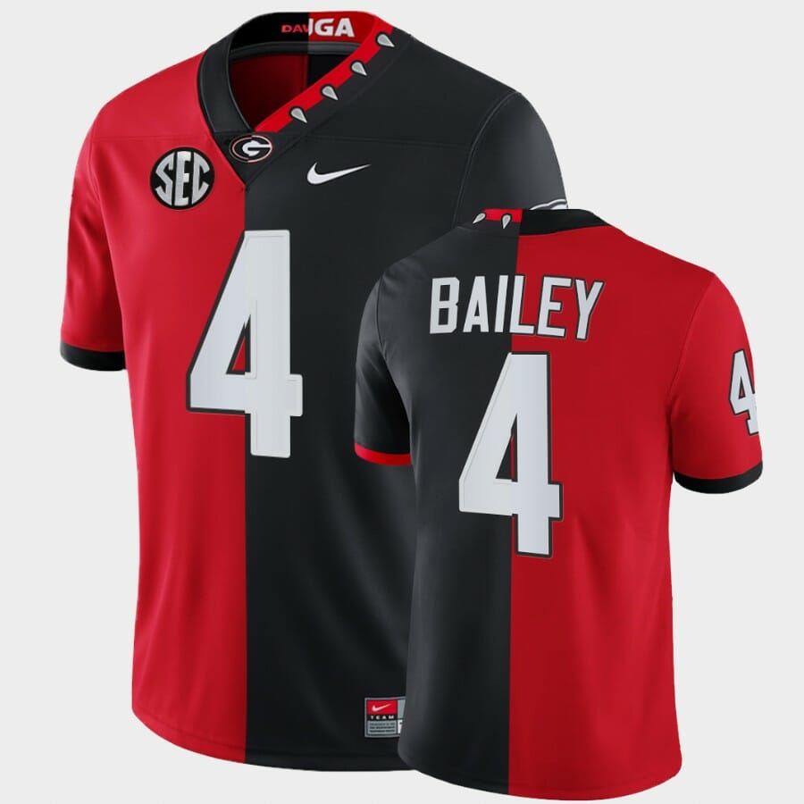 Georgia Bulldogs #4 Champ Bailey Red Black Split Edition 100th Season Alumni Jersey 1 Georgia Bulldogs #4 Champ Bailey Red Black Split Edition 100th Season Alumni Jersey