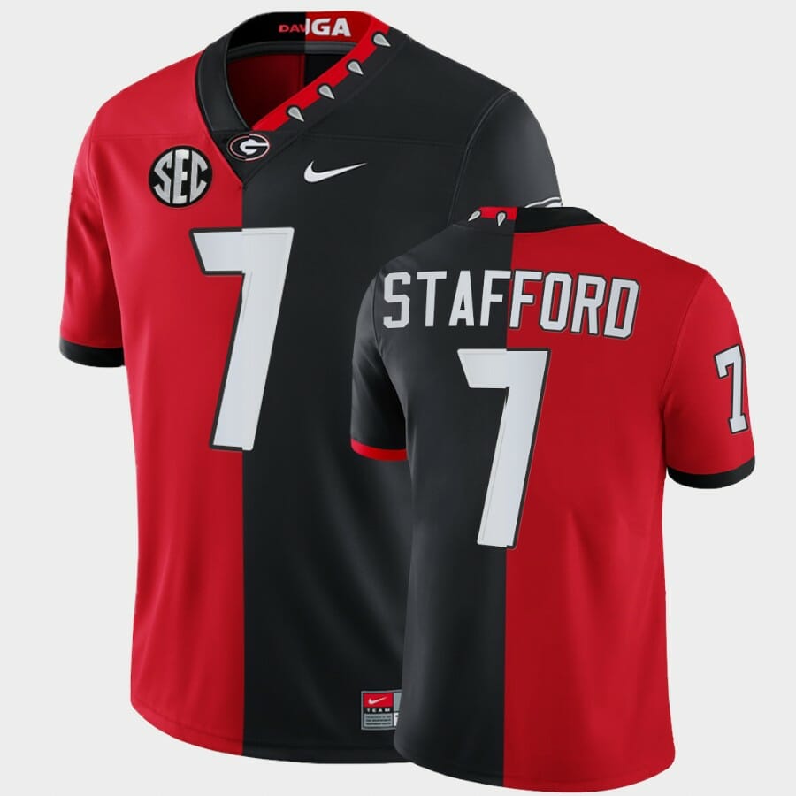 Georgia Bulldogs #7 Matthew Stafford Jersey Red Black Split Edition 100th Season Alumni 1 Georgia Bulldogs #7 Matthew Stafford Jersey Red Black Split Edition 100th Season Alumni