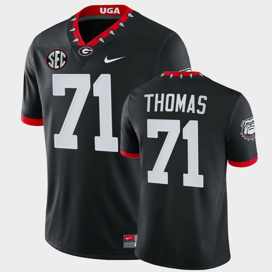 Georgia Bulldogs #71 Andrew Thomas Black Mascot 100th Anniversary Alumni Jersey 1 Georgia Bulldogs #71 Andrew Thomas Black Mascot 100th Anniversary Alumni Jersey
