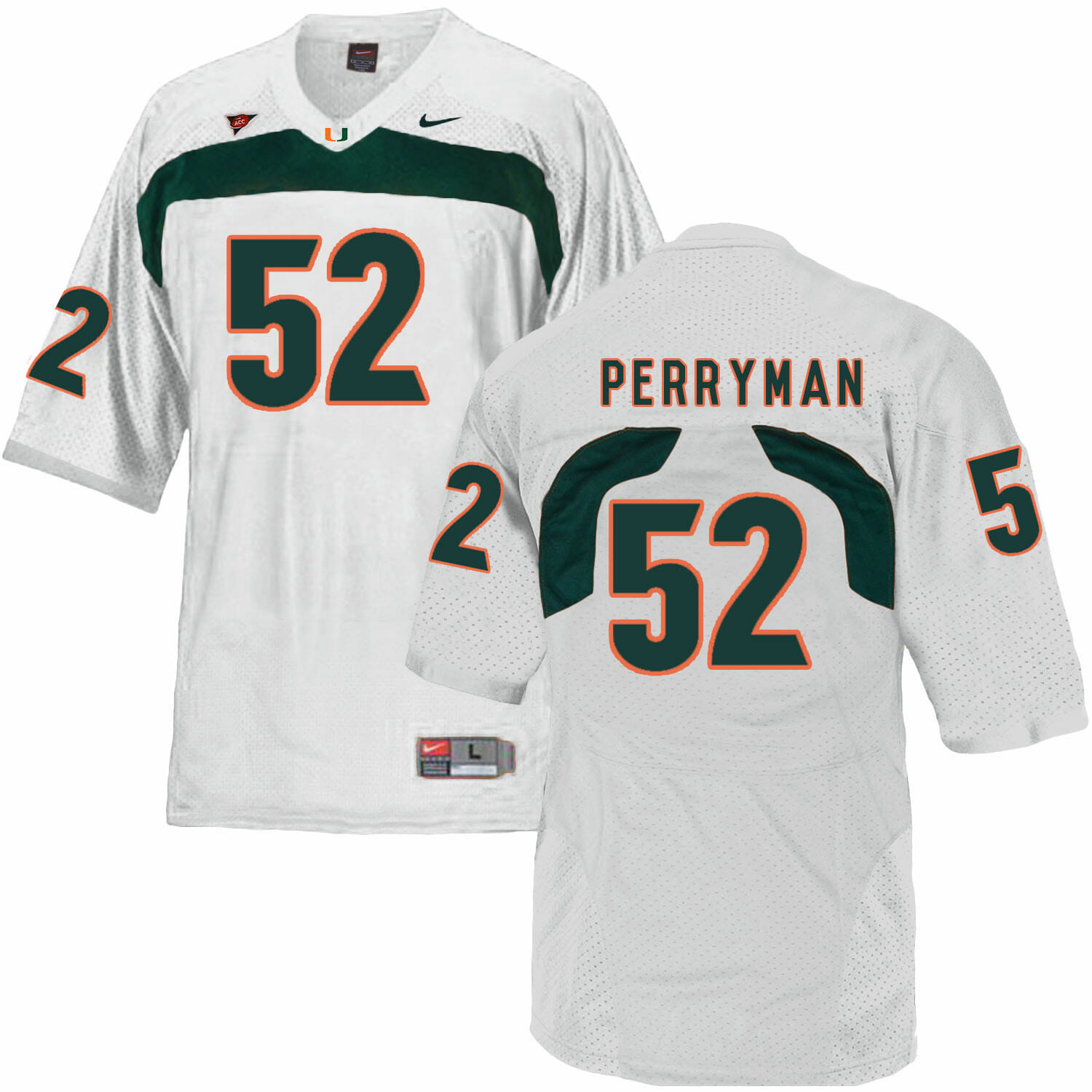 Miami Hurricanes #52 Perryman NCAA College Football Jersey White 1 Miami Hurricanes #52 Perryman NCAA College Football Jersey White