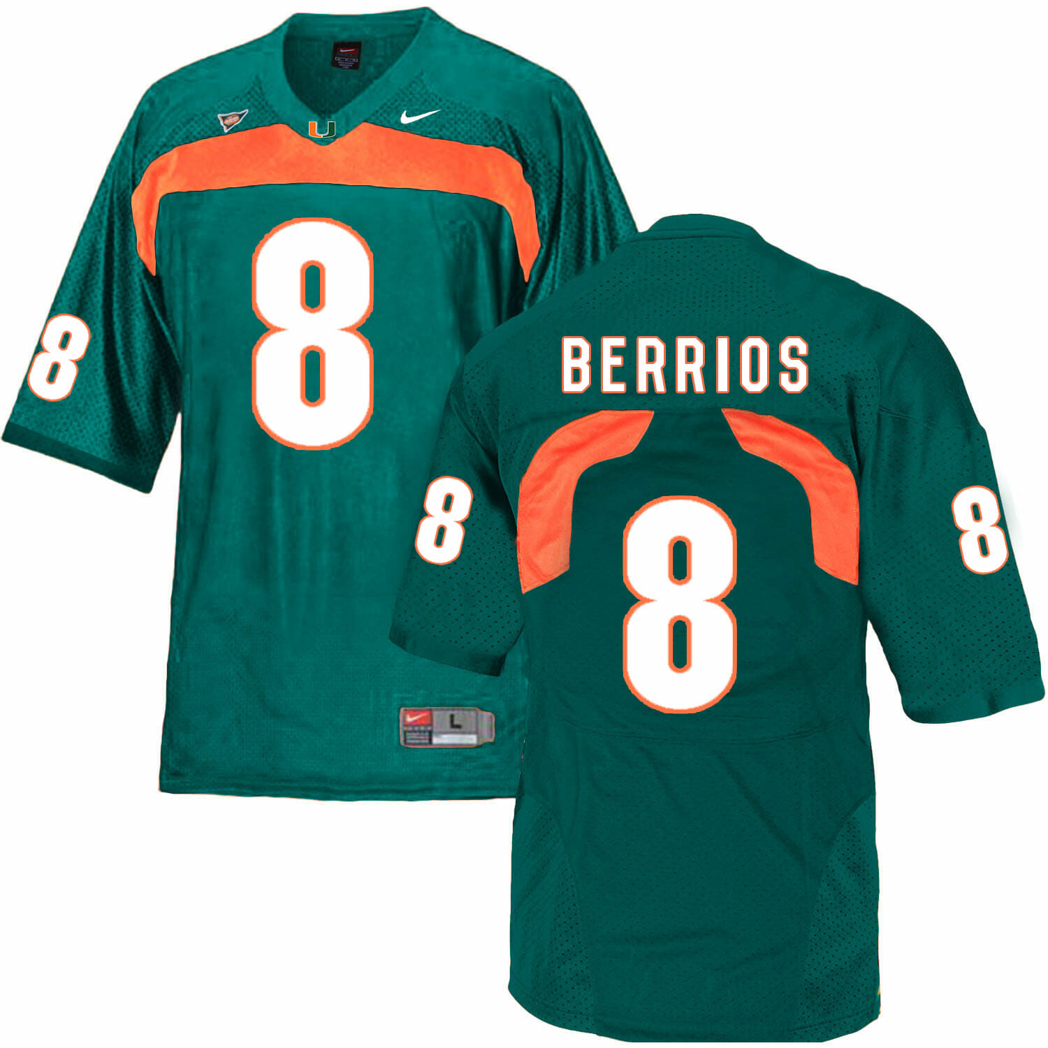Miami Hurricanes #8 Berrios Jr NCAA College Football Jersey Green 1 Miami Hurricanes #8 Berrios Jr NCAA College Football Jersey Green
