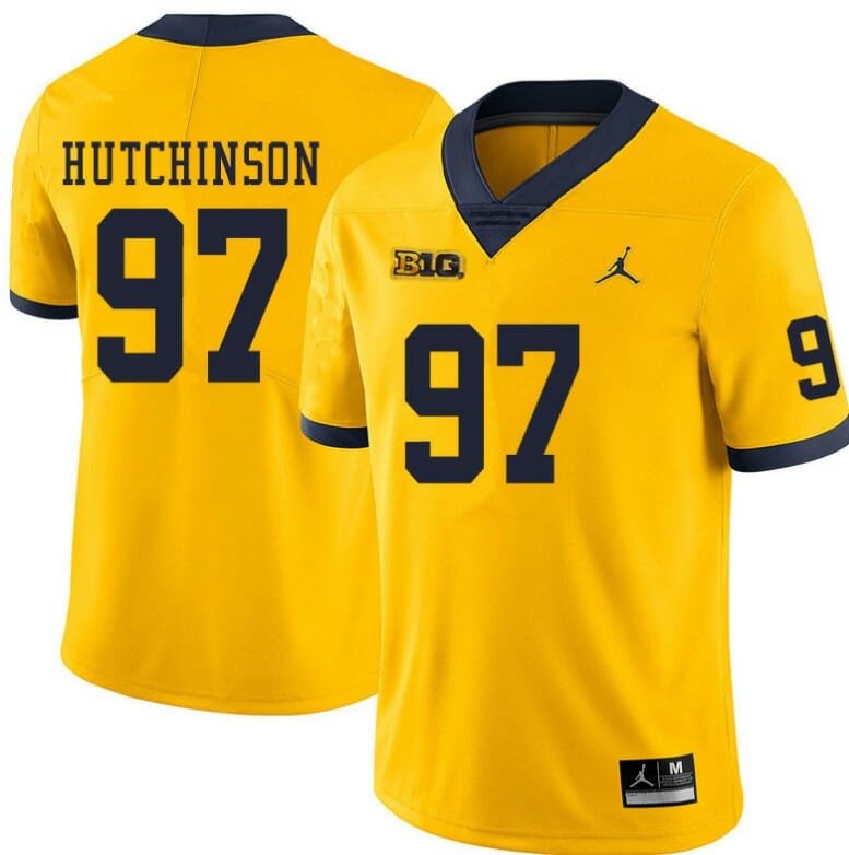 Michigan Wolverines #97 Aidan Hutchinson Jersey Yellow College Football 1 Michigan Wolverines #97 Aidan Hutchinson Jersey Yellow College Football