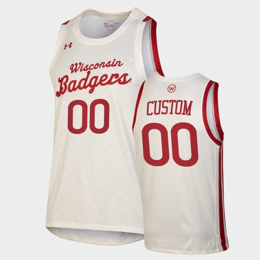 Wisconsin Badgers Custom Name Number White Throwback College Basketball Jersey 1 Wisconsin Badgers Custom Name Number White Throwback College Basketball Jersey