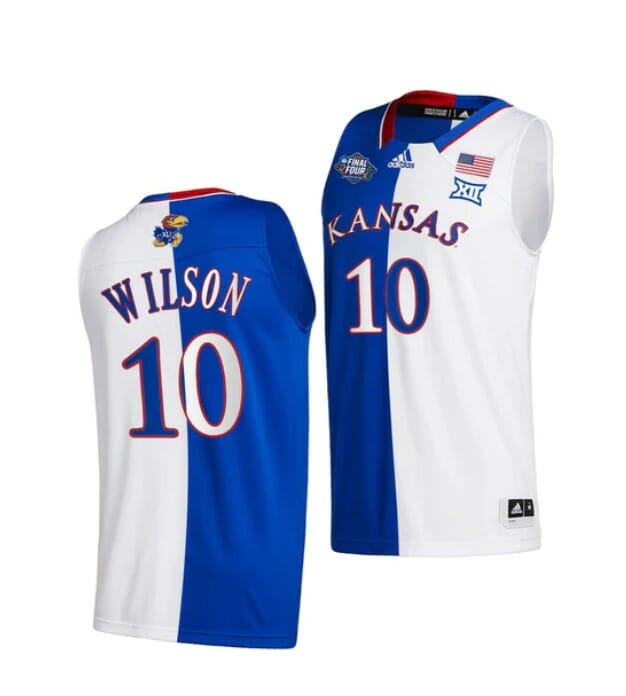 Men's #10 Jalen Wilson Jersey Kansas Jayhawks College Basketball Jerseys White Royal Split 2022 6 Men's #10 Jalen Wilson Jersey Kansas Jayhawks College Basketball Jerseys White Royal Split 2022