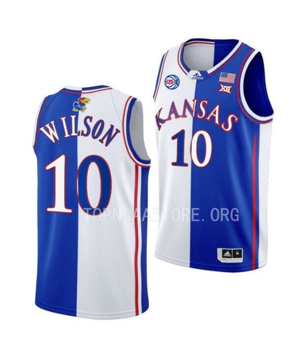 Men's #10 Jalen Wilson Jersey Kansas Jayhawks College Basketball Jerseys White Royal Split 6 Men's #10 Jalen Wilson Jersey Kansas Jayhawks College Basketball Jerseys White Royal Split