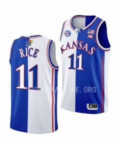 Men's #11 M.J. Rice Jersey Kansas Jayhawks College Basketball Jerseys Blue White Split