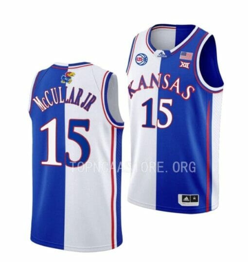 Men's #15 Kevin McCullar Jr Jersey Kansas Jayhawks College Basketball Jerseys White Royal Split