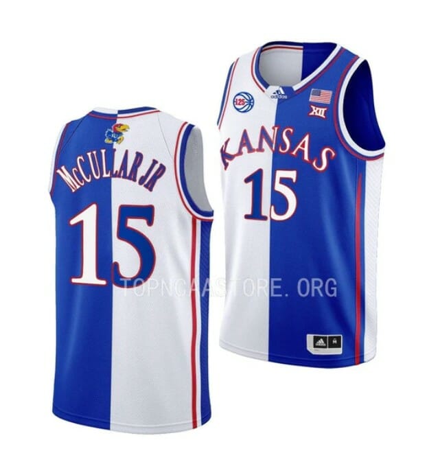 Men's #15 Kevin McCullar Jr Jersey Kansas Jayhawks College Basketball Jerseys White Royal Split 6 Men's #15 Kevin McCullar Jr Jersey Kansas Jayhawks College Basketball Jerseys White Royal Split