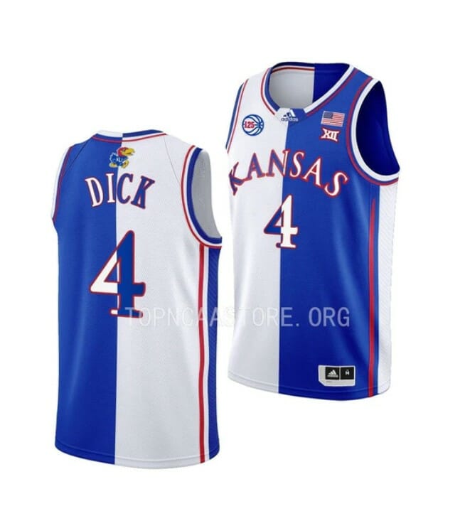 Men's #4 Gradey Dick Jersey Kansas Jayhawks College Basketball Jerseys White Royal Split 6 Men's #4 Gradey Dick Jersey Kansas Jayhawks College Basketball Jerseys White Royal Split