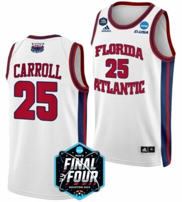 Tre Carroll Jersey FAU Owls College Basketball 2023 NCAA Final Four White #25 6 Tre Carroll Jersey FAU Owls College Basketball 2023 NCAA Final Four White #25