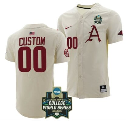 Custom Arkansas Razorbacks Jersey Name and Number Baseball NCAA 2022 College World Series White 6 Custom Arkansas Razorbacks Baseball Jersey Name and Number NCAA 2022 College World Series White