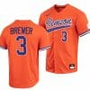 Dylan Brewer Jersey Clemson Tigers Baseball NCAA College Full-Button Orange #3