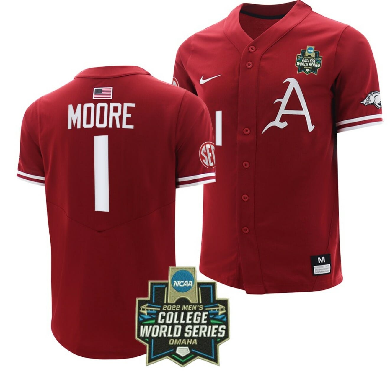 Robert Moore Jersey Arkansas Razorbacks Baseball NCAA College 2022 College World Series Cardinal #1 1 Robert Moore Jersey Arkansas Razorbacks Baseball NCAA College 2022 College World Series Cardinal #1