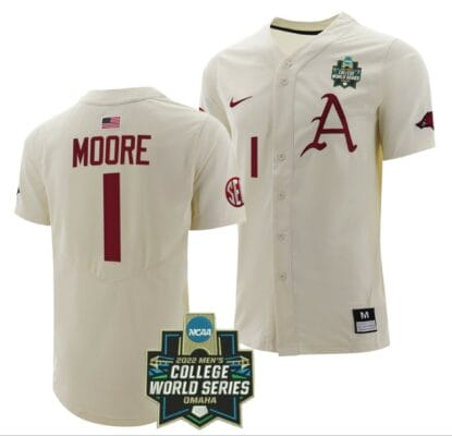 Robert Moore Jersey Arkansas Razorbacks Baseball NCAA 2022 College World Series White #1 6 Robert Moore Jersey Arkansas Razorbacks Baseball NCAA 2022 College World Series White #1