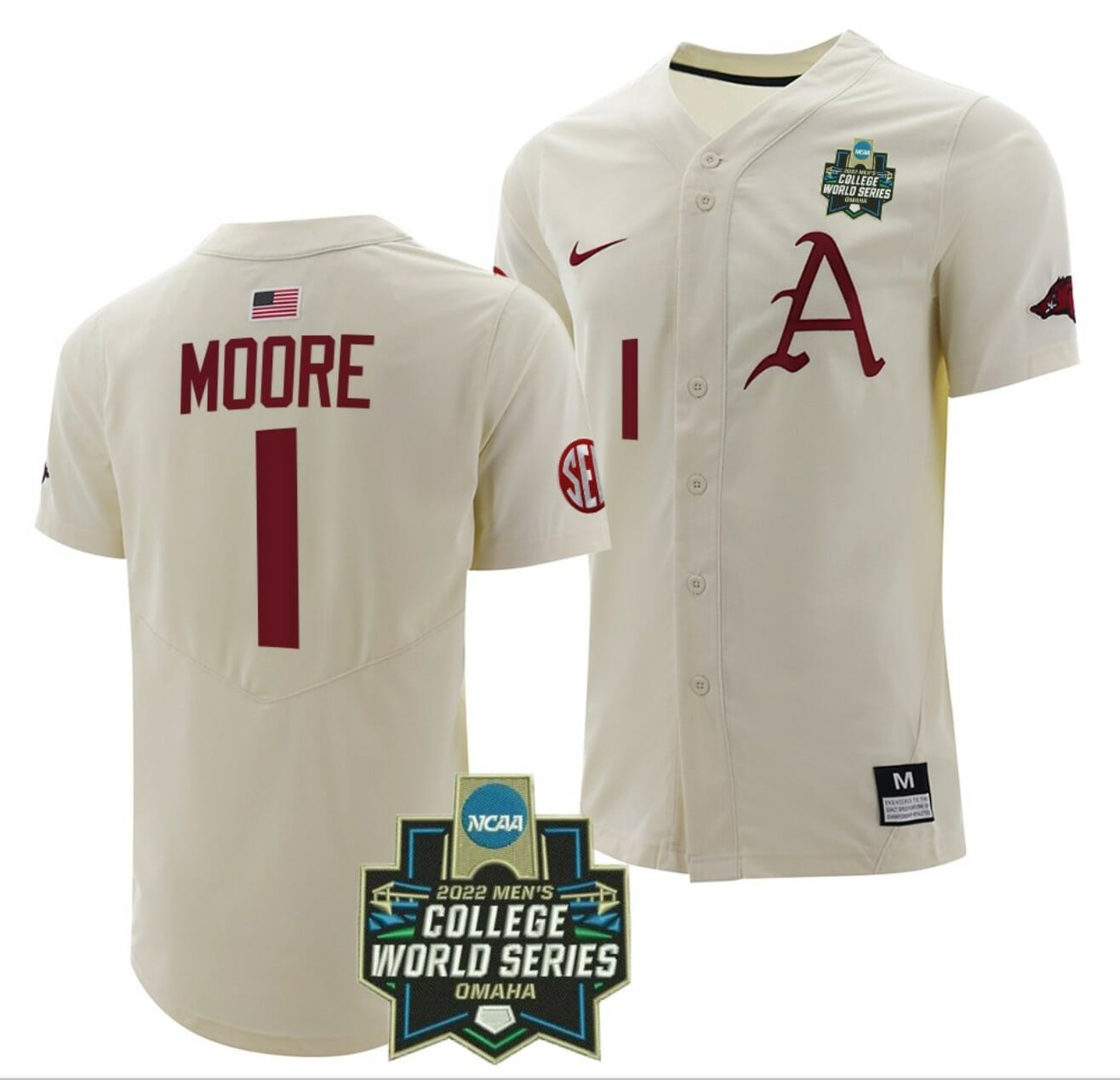 Robert Moore Jersey Arkansas Razorbacks Baseball NCAA 2022 College World Series White #1 1 Robert Moore Jersey Arkansas Razorbacks Baseball NCAA 2022 College World Series White #1