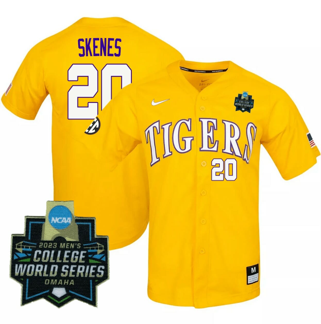 2023 College World Series Paul Skenes Jersey LSU Tigers NCAA Baseball Gold #20 1 2023 College World Series Paul Skenes Jersey LSU Tigers NCAA Baseball Gold #20