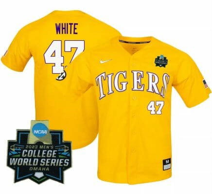2023 College World Series Tommy White Jersey LSU Tigers NCAA Baseball Gold #47 6 2023 College World Series Tommy White Jersey LSU Tigers NCAA Baseball Gold #47