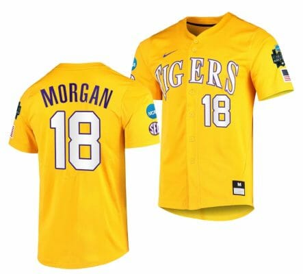 2023 College World Series Tre Morgan Jersey LSU Tigers NCAA Baseball Gold #18 6 2023 College World Series Tre Morgan Jersey LSU Tigers NCAA Baseball Gold #18
