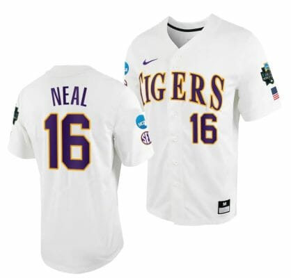 Brady Neal Jersey LSU Tigers #16 White 2023 College World Series NCAA Baseball 6 Brady Neal Jersey LSU Tigers #16 White 2023 College World Series NCAA Baseball
