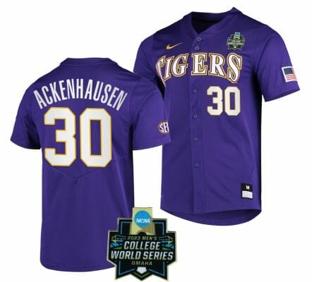 LSU Tigers Baseball Nate Ackenhausen Jersey NCAA 2023 College World Series Purple #30 6 LSU Tigers Baseball Nate Ackenhausen Jersey NCAA 2023 College World Series Purple #30