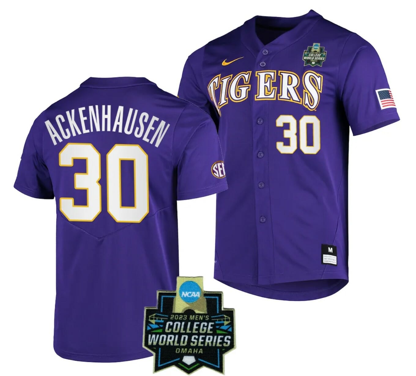 LSU Tigers Baseball Nate Ackenhausen Jersey NCAA 2023 College World Series Purple #30 1 LSU Tigers Baseball Nate Ackenhausen Jersey NCAA 2023 College World Series Purple #30