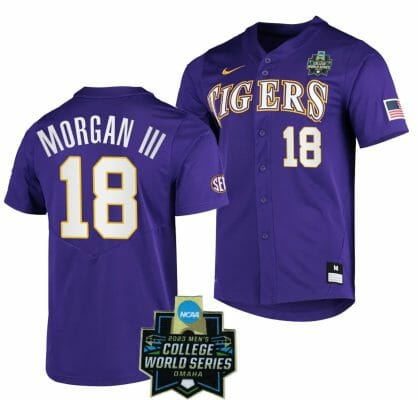 LSU Tigers Baseball Tre Morgan Jersey NCAA 2023 College World Series Purple #18