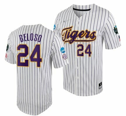 LSU Tigers Cade Beloso Jersey 2023 College World Series White Purple #24 NCAA Baseball