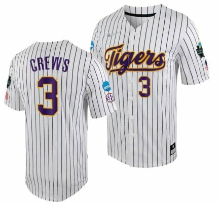 LSU Tigers Dylan Crews Jersey 2023 College World Series White Purple #3 NCAA Baseball