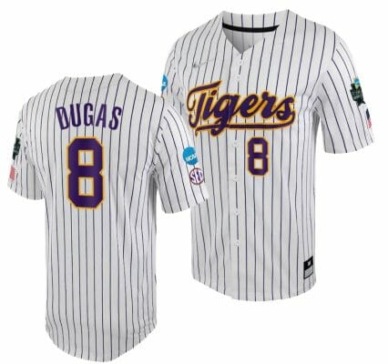LSU Tigers Gavin Dugas Jersey 2023 College World Series White Purple #8 NCAA Baseball