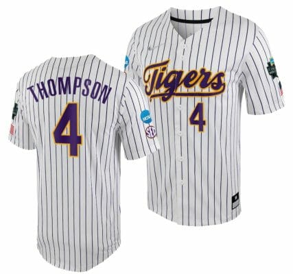 LSU Tigers Jordan Thompson Jersey 2023 College World Series White Purple #4 NCAA Baseball