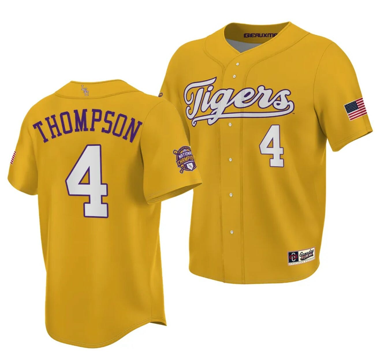 LSU Tigers NCAA Baseball Jordan Thompson Jersey 2023 College World Series Champions Gold #4 1 LSU Tigers NCAA Baseball Jordan Thompson Jersey 2023 College World Series Champions Gold #4