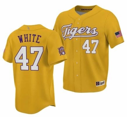 LSU Tigers NCAA Baseball Tommy White Jersey 2023 College World Series Champions Gold #47