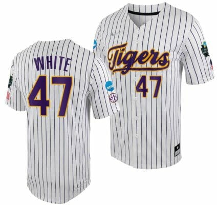 LSU Tigers Tommy White Jersey 2023 College World Series White Purple #47 NCAA Baseball 6 LSU Tigers Tommy White Jersey 2023 College World Series White Purple #47 NCAA Baseball