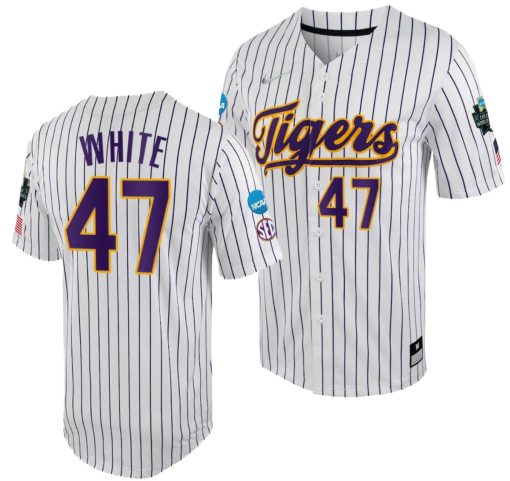 LSU Tigers Tommy White Jersey 2023 College World Series White Purple #47 NCAA Baseball