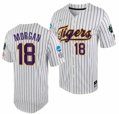 LSU Tigers Tre Morgan Jersey 2023 College World Series White Purple #18 NCAA Baseball