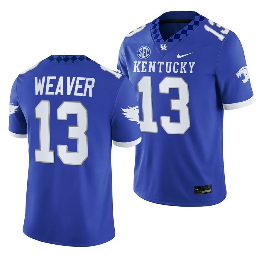 Kentucky Wildcats JJ Weaver Jersey #13 NCAA Football 2023 Game Home Blue 1 Kentucky Wildcats JJ Weaver Jersey #13 NCAA Football 2023 Game Home Blue