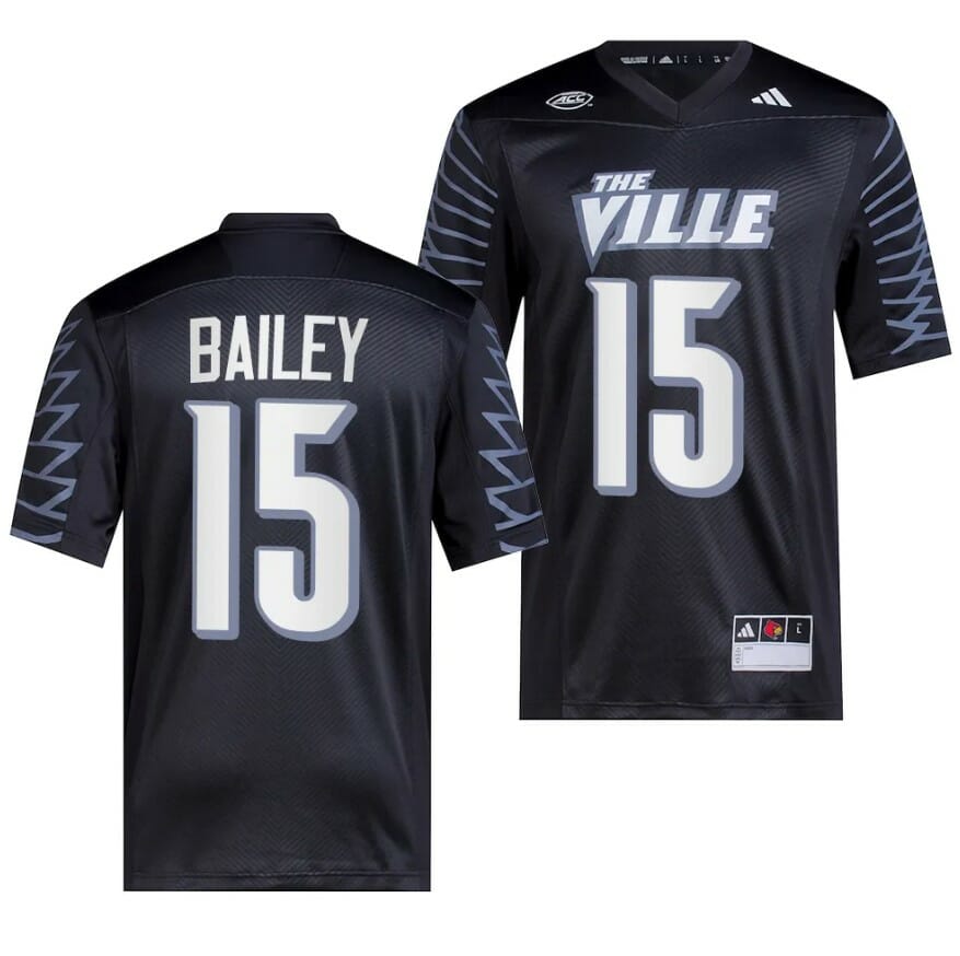 Louisville Cardinals Harrison Bailey Jersey #15 College Football 2023 Premier Black 1 Louisville Cardinals Harrison Bailey Jersey #15 College Football 2023 Premier Black