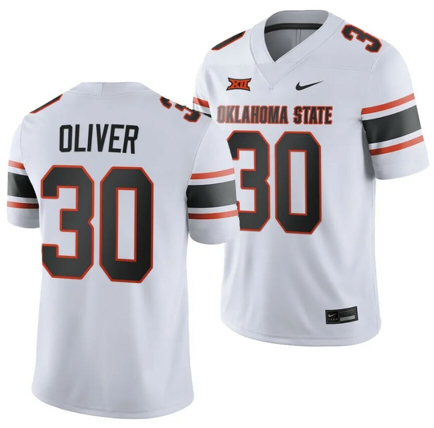 Oklahoma State Cowboys Collin Oliver Jersey #30 College Football 2023 Game White 1 Oklahoma State Cowboys Collin Oliver Jersey #30 College Football 2023 Game White