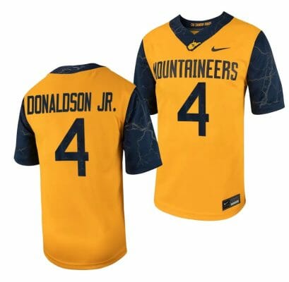 West Virginia Mountaineers CJ Donaldson Jr Jersey #4 Football Game Country Roads Gold 10 West Virginia Mountaineers CJ Donaldson Jr Jersey #4 Football Game Country Roads Gold