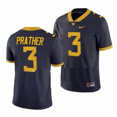 West Virginia Mountaineers Kaden Prather Jersey #3 College Football Navy Game Uniform 10 West Virginia Mountaineers Kaden Prather Jersey #3 College Football Navy Game Uniform