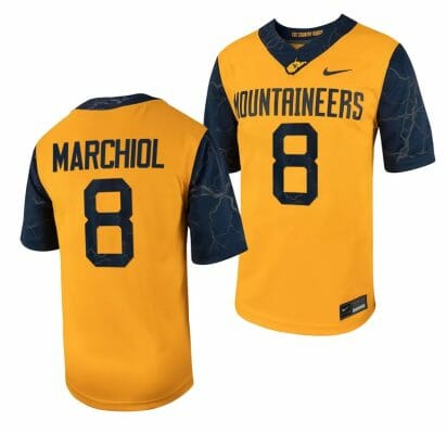 West Virginia Mountaineers Nicco Marchiol Jersey #8 Football Game Country Roads Gold 10 West Virginia Mountaineers Nicco Marchiol Jersey #8 Football Game Country Roads Gold