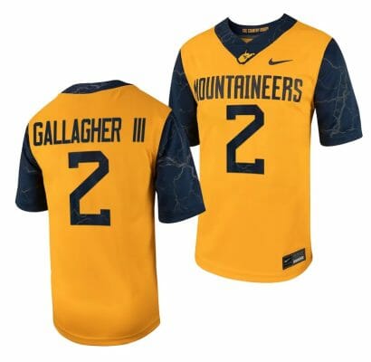 West Virginia Mountaineers Rodney Gallagher III Jersey #2 Football Game Country Roads Gold