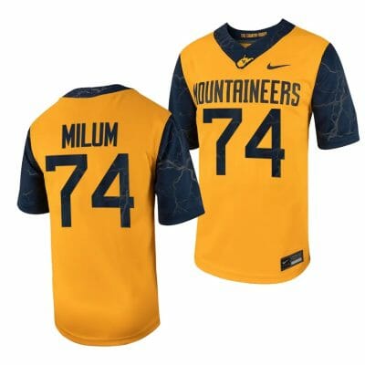 West Virginia Mountaineers Wyatt Milum Jersey #74 Football Game Country Roads Gold