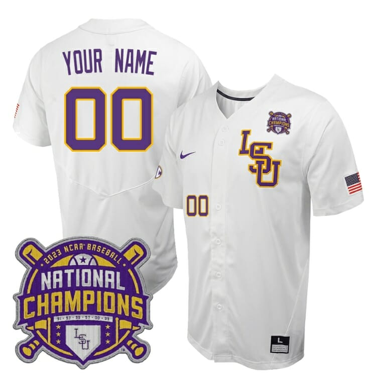 Custom Lsu Tigers Jersey National Champions 2023 NCAA College Baseball Stitched White 1 Custom Lsu Tigers Jersey National Champions 2023 NCAA College Baseball Stitched White