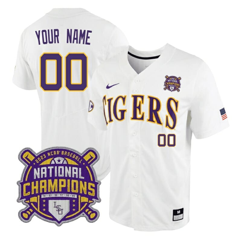 Custom Lsu Tigers Jersey National Champions 2023 NCAA College Baseball Stitched White Tigers 1 Custom Lsu Tigers Jersey National Champions 2023 NCAA College Baseball Stitched White Tigers