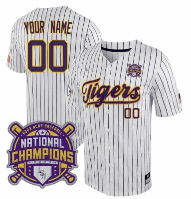 Custom Lsu Tigers Jersey National Champions 2023 NCAA College Baseball Stitched White Stripe 8 Custom Lsu Tigers Jersey National Champions 2023 NCAA College Baseball Stitched White Stripe
