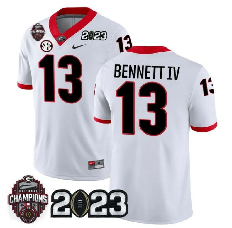 Georgia Bulldogs Stetson Bennett Jersey #13 CFP National Champions Patch 2023 All Stitched White 1 Georgia Bulldogs Stetson Bennett Jersey #13 CFP National Champions Patch 2023 All Stitched White